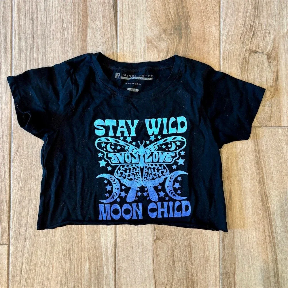 Prince Peter Collection T-Shirt Womens Size L Black Stay Wild Moon Child